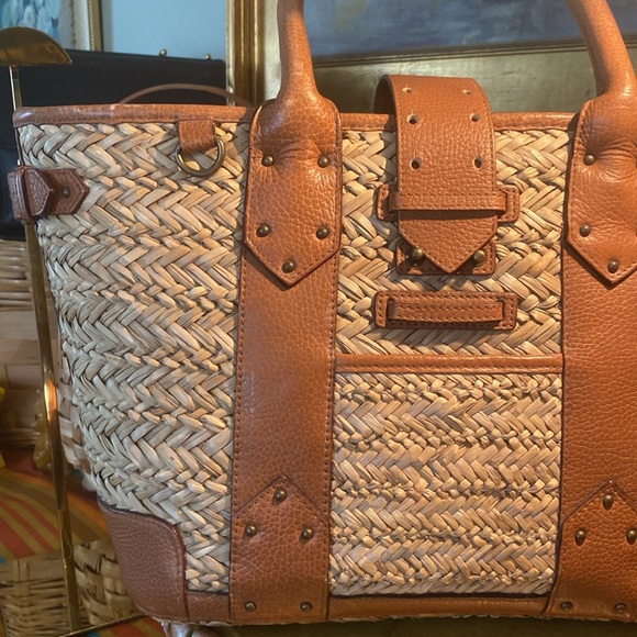 J. CREW Woven Straw Market Shopping Tote Beach Bag Leather Straps - Picture 3 of 12